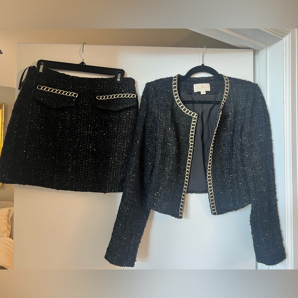 Black Tweed Chain-Trim Skirt & Jacket Set